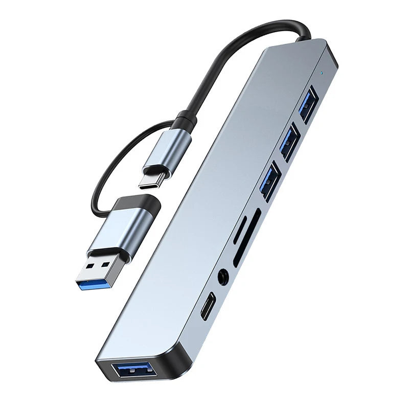 8-in-2 USB + USB-C Hub – SD Card Reader, 3.5mm Audio, USB 3.0 Docking Station