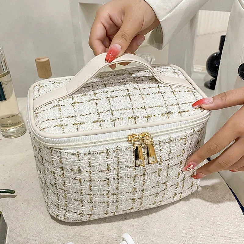 Knitted Style Makeup Bag – Large Canvas Cosmetic Storage Bag for Women