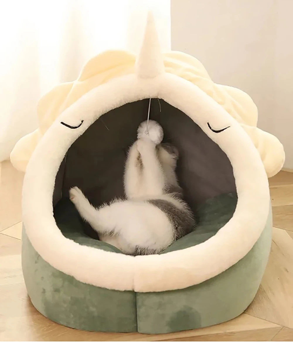 Deep Sleep Cat Bed – Foldable Cartoon Pet Cave with Removable Washable Cushion