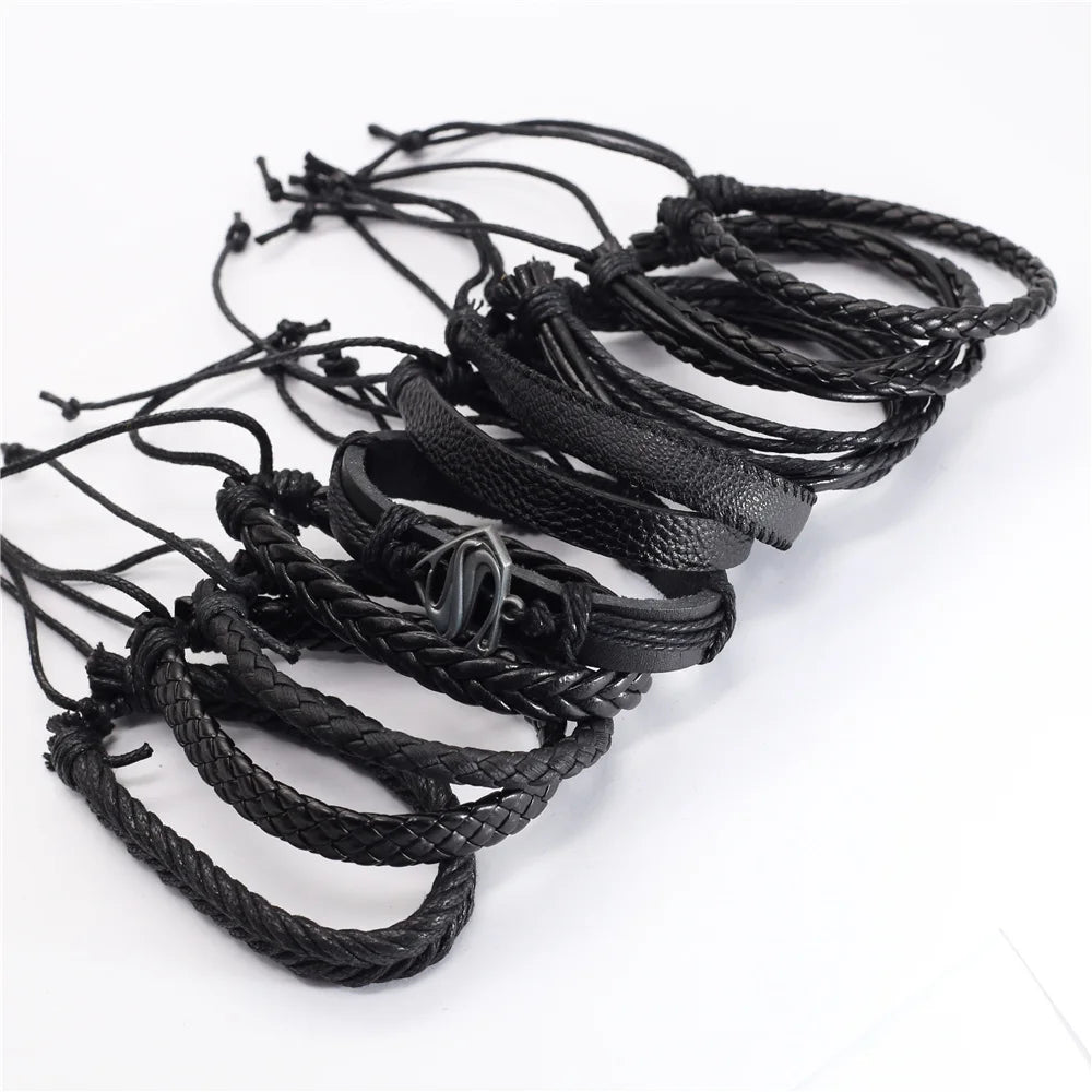 10-Piece Leather Wrap Bracelet Set — Handmade Woven
