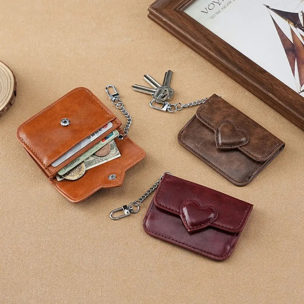 Women's Heart Detail PU Leather Card Holder – Chain Keychain | Dark Brown, Black, Brown, Red