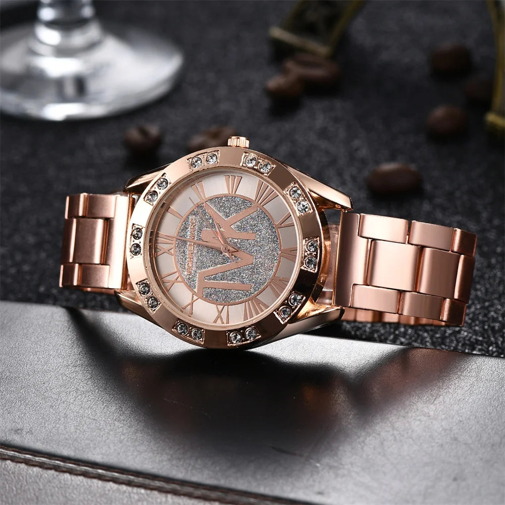 Women's Diamond Quartz Watch – Stainless Steel Bracelet, Round Dial | Gold, Silver, Rose Gold