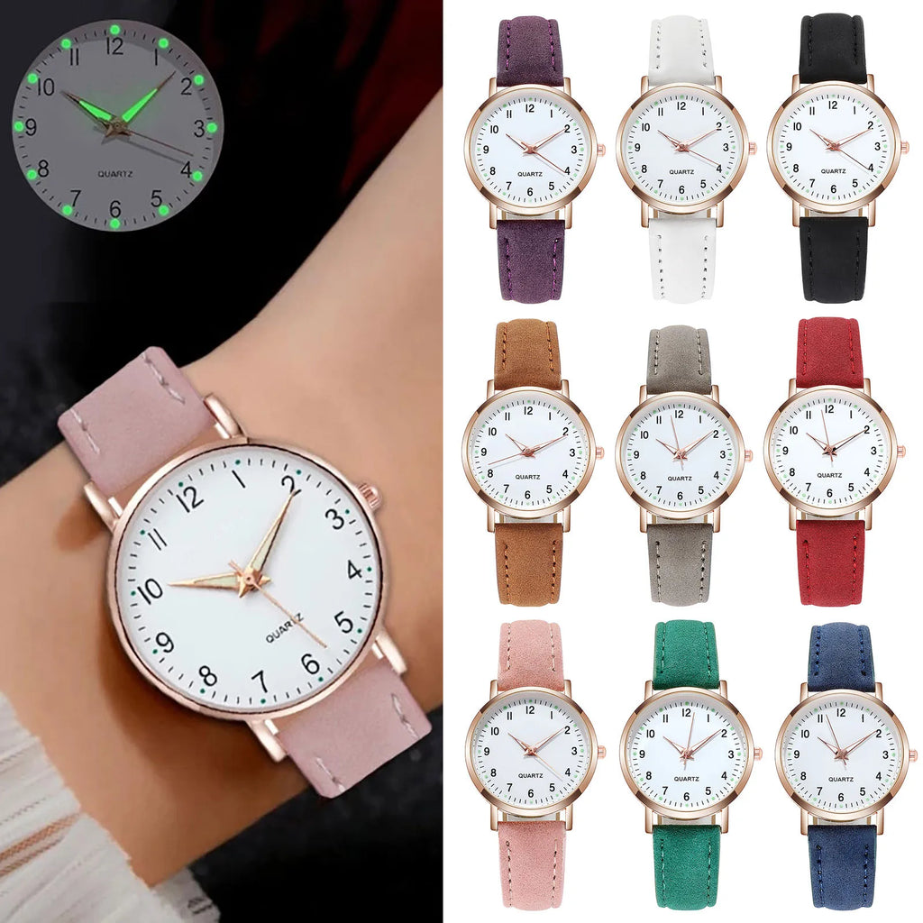 Women's Diamond-Studded Luminous Quartz Watch – Leather Band, Round Dial | 9 Colors