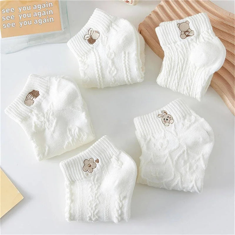 5-Pair Women's Ankle Socks – Cute Bear & Rabbit Print