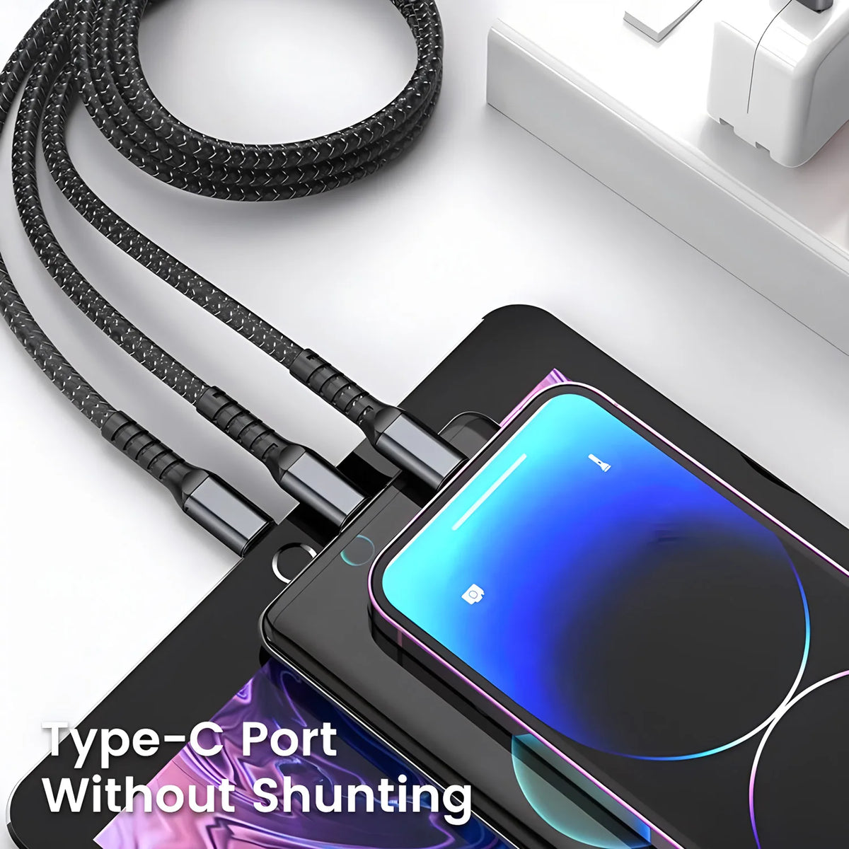 100W 3-in-1 Fast Charging Cable – USB-A to USB-C, Lightning & Micro USB – Braided Nylon, 1.2m