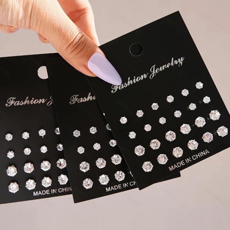 Cubic Zirconia Stud Earrings Set – 12, 24 or 36 Pairs | Shiny Silver Crystal Ear Jewelry for Women