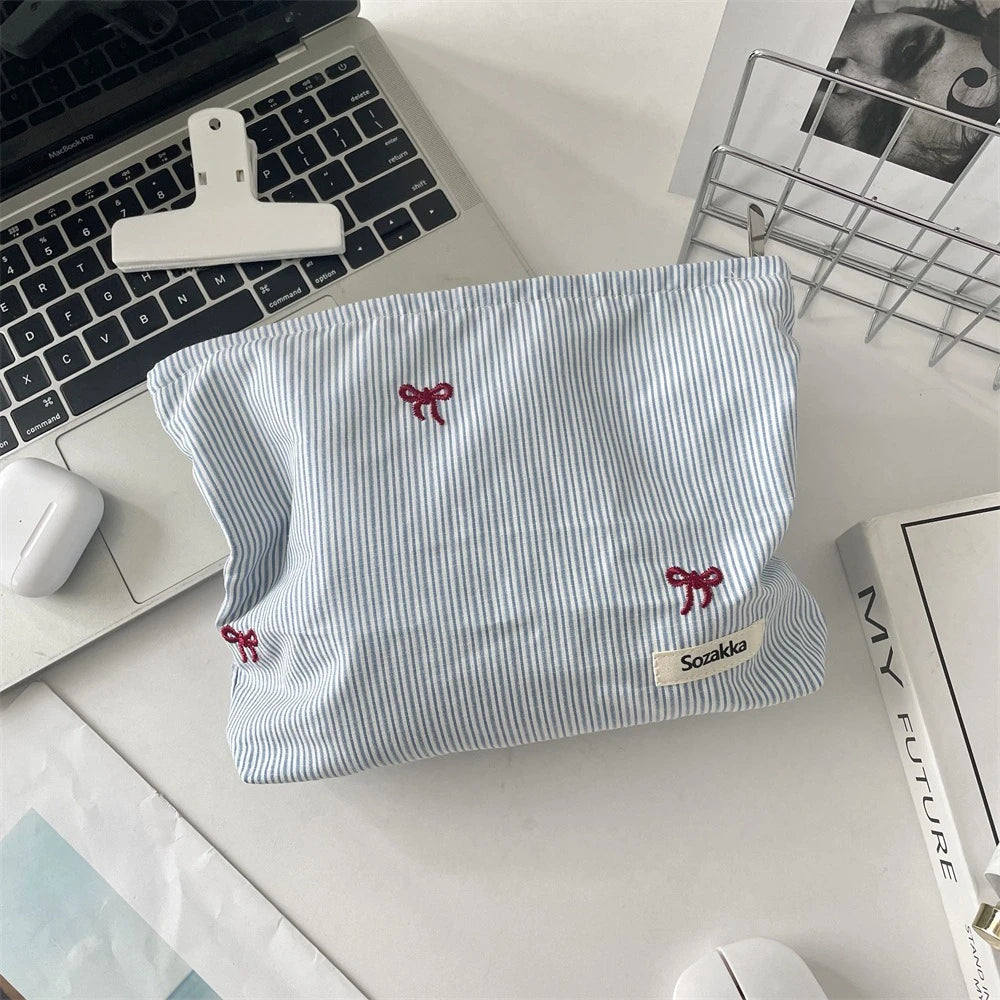 Embroidered Striped Makeup Bag – Plaid Cosmetic Pouch & Travel Toiletry Organizer