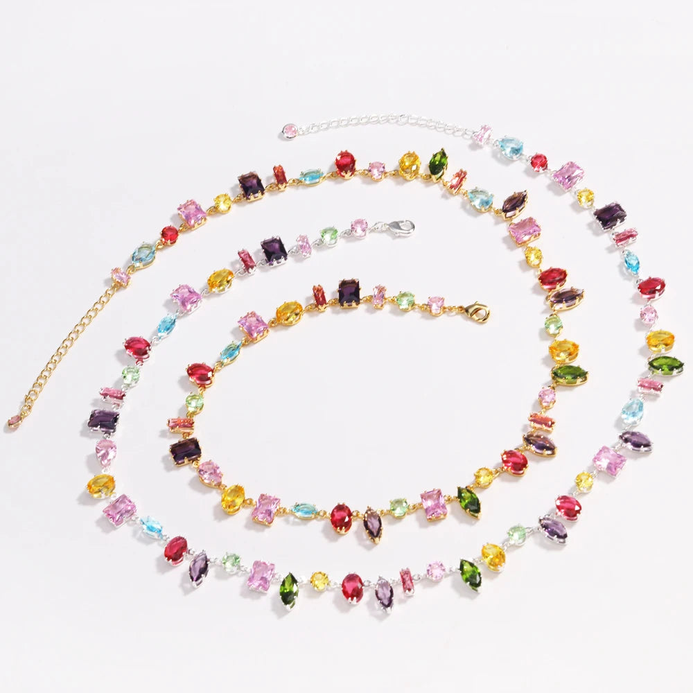 18K Gold Plated Rainbow CZ Choker Necklace & Bracelet – Colorful Cubic Zirconia | Women's Party Jewelry