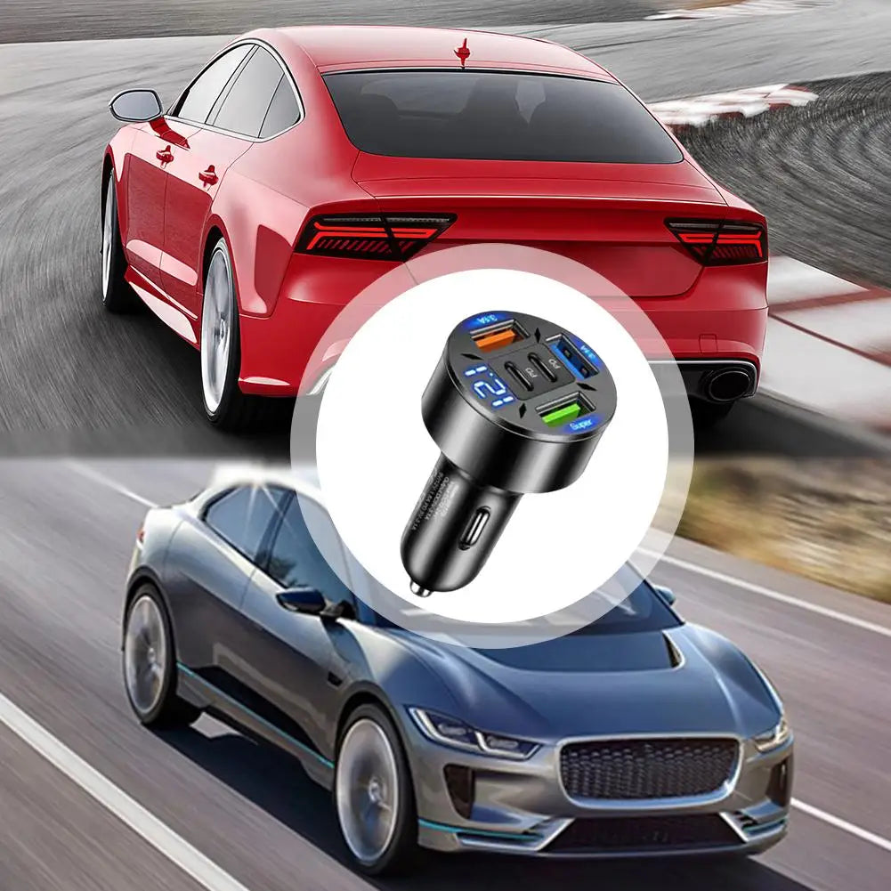5-Port Car Charger 250W – Fast Charging PD & QC3.0, USB-C & USB-A for iPhone & Android
