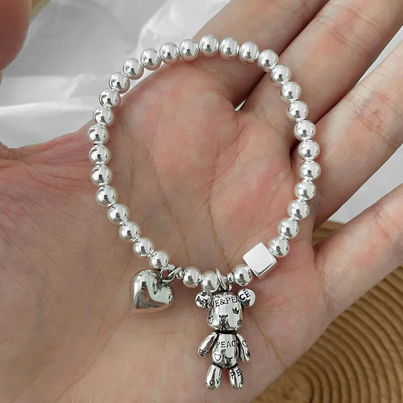 925 Sterling Silver Bear Pendant Bracelet – Zircon Beaded Cuff | Vintage Cute Party Jewelry for Women