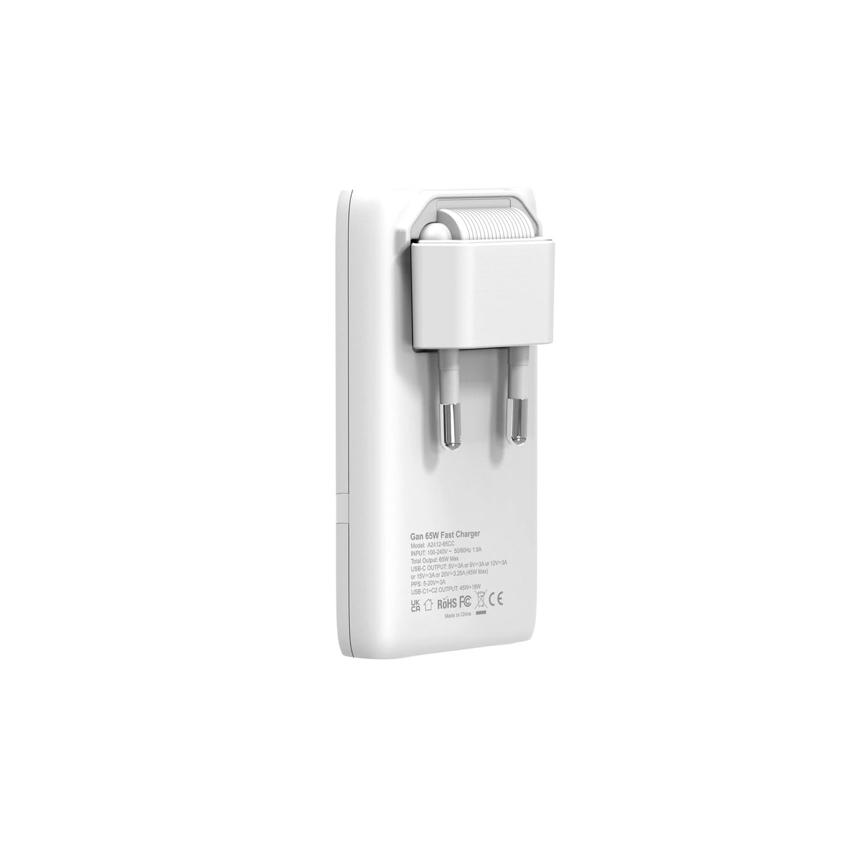 65W GaN Dual USB-C Wall Charger – Flat, Foldable Plug, Fast Charging, White/Black