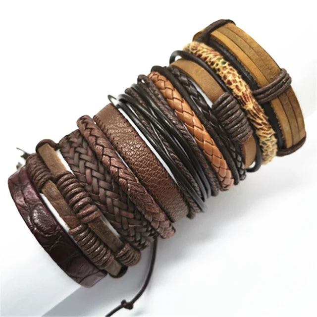 10-Piece Leather Wrap Bracelet Set — Handmade Woven