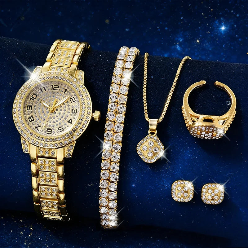 Women's Gold Diamond Watch & Jewelry Set – 5-Piece Gift Set | Watch, Bracelet, Necklace, Ring & Earrings