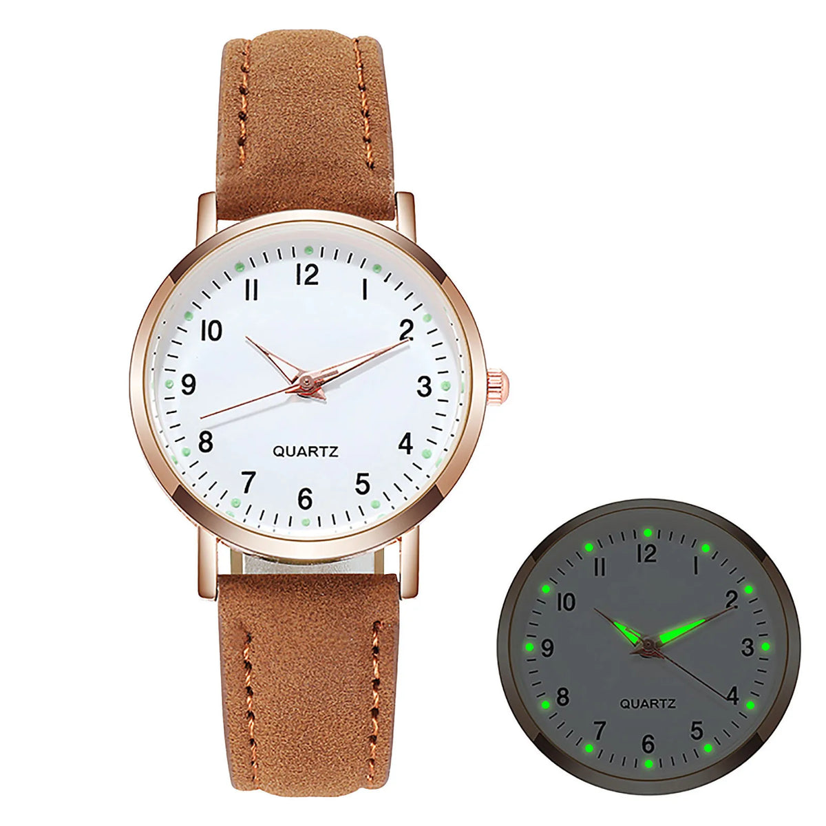 Women's Diamond-Studded Luminous Quartz Watch – Leather Band, Round Dial | 9 Colors