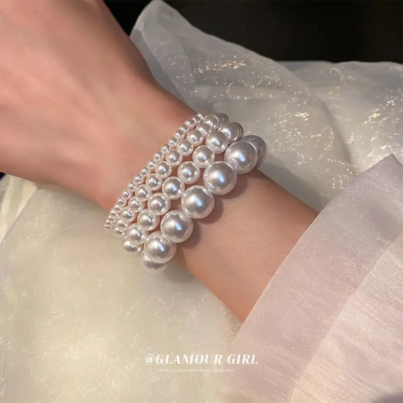 White Faux Pearl Beaded Bracelet — Adjustable Elastic