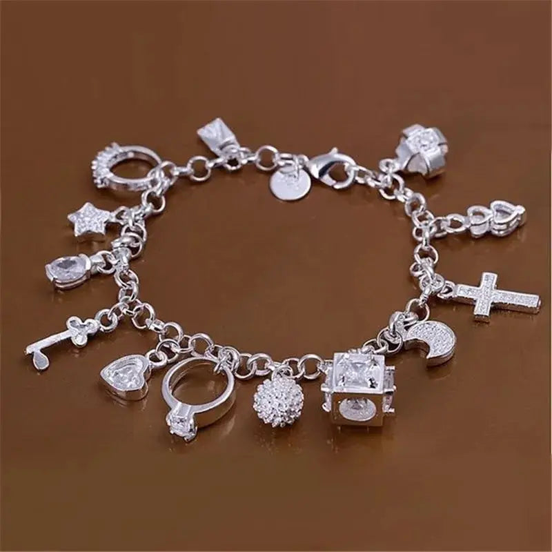 Silver Charm Bracelet with Crystal Pendants