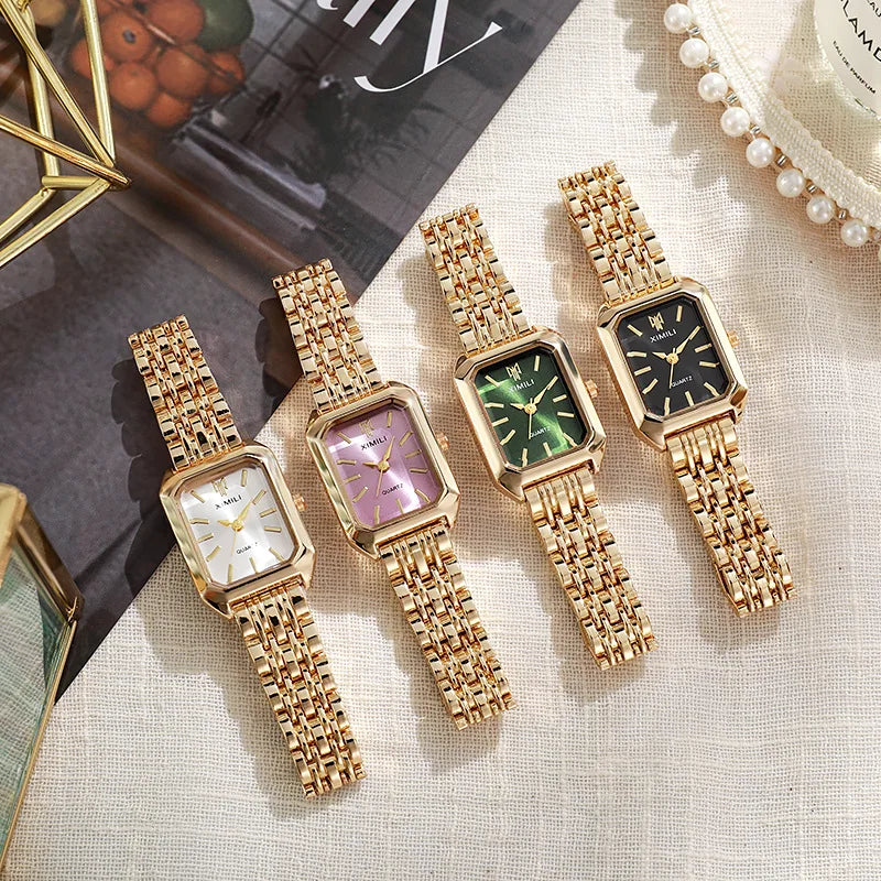 Women's Rectangle Quartz Watch – Alloy Band, Numberless Dial | Silver & Gold Tones