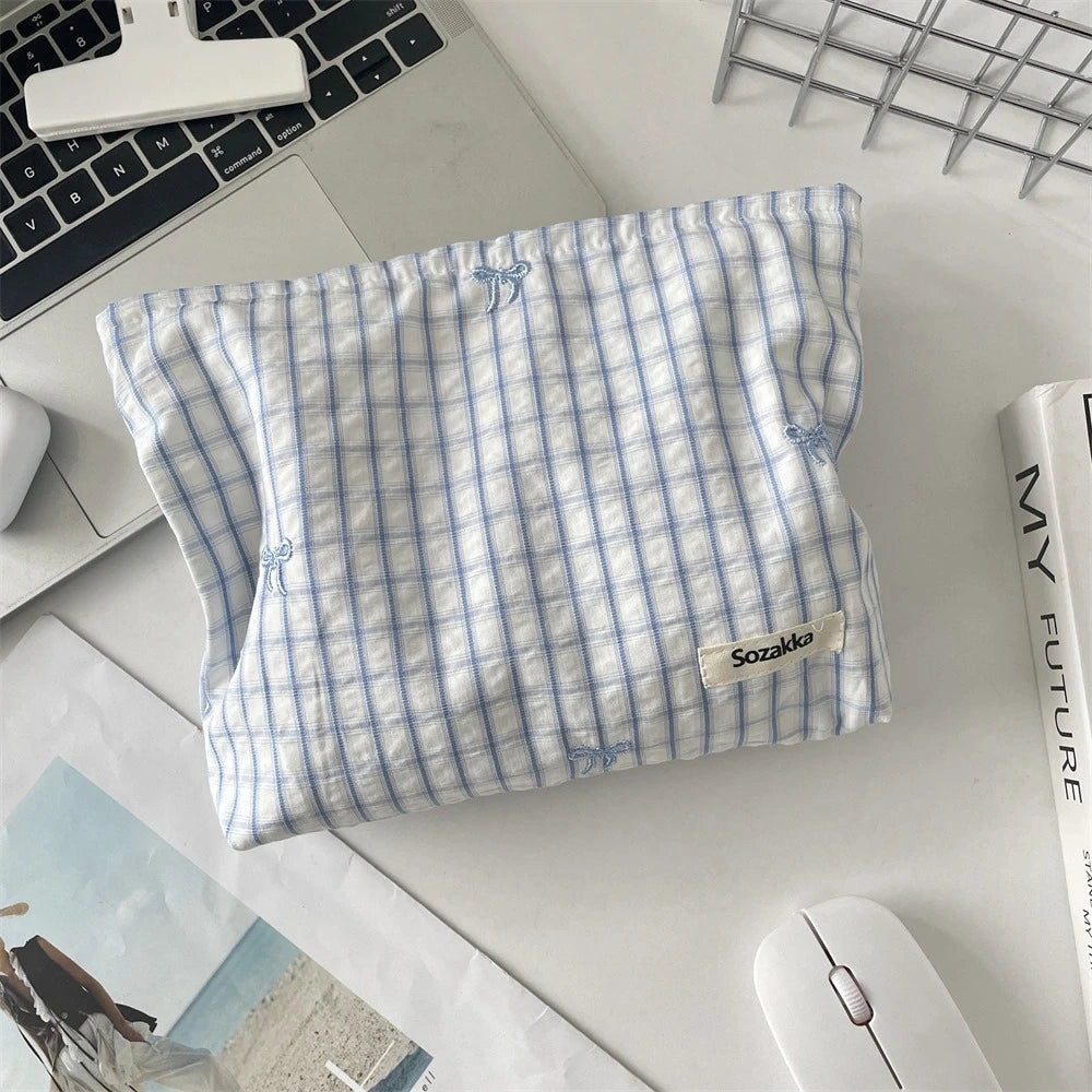 Embroidered Striped Makeup Bag – Plaid Cosmetic Pouch & Travel Toiletry Organizer