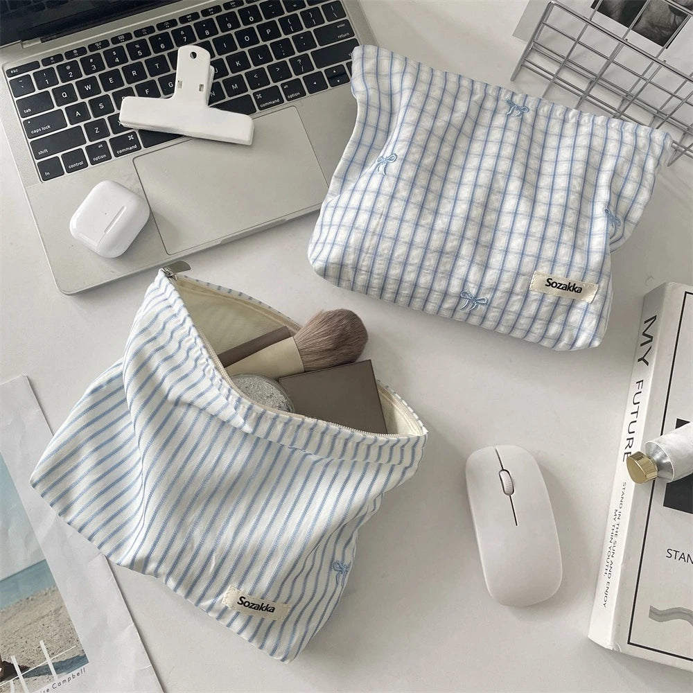 Embroidered Striped Makeup Bag – Plaid Cosmetic Pouch & Travel Toiletry Organizer