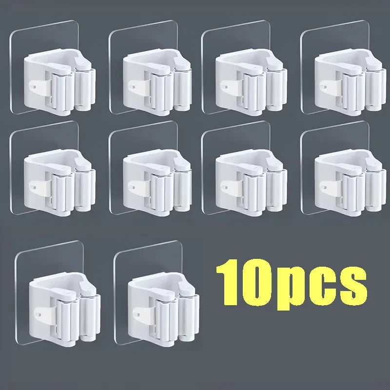 Self-Adhesive Mop & Broom Wall Holder – No-Drill Waterproof Clip Organizer