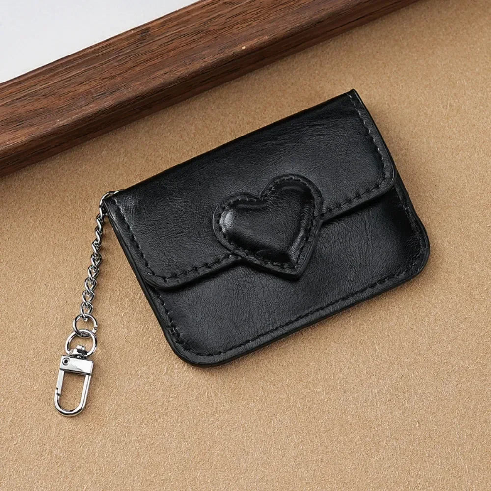 Women's Heart Detail PU Leather Card Holder – Chain Keychain | Dark Brown, Black, Brown, Red