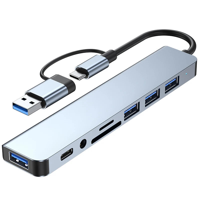 8-in-2 USB + USB-C Hub – SD Card Reader, 3.5mm Audio, USB 3.0 Docking Station