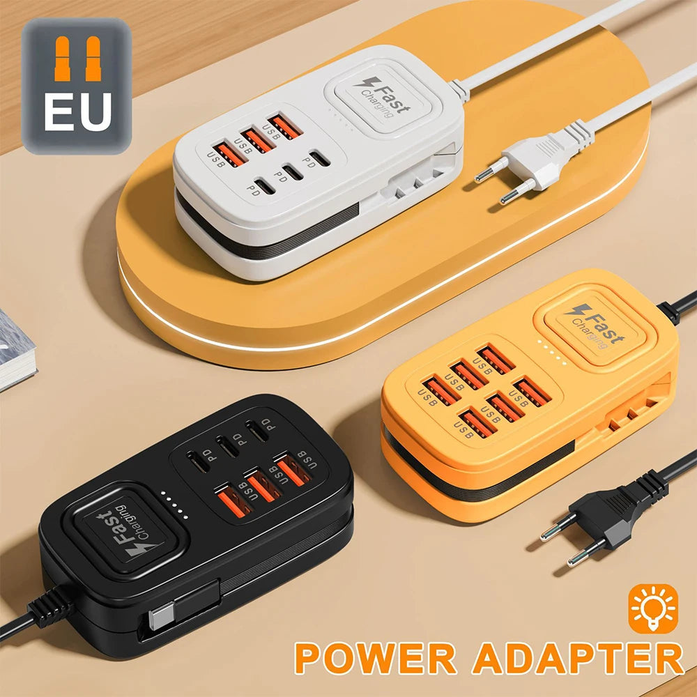6-Port USB Fast Charger – Desktop Charging Station with USB-C (EU/UK/US)