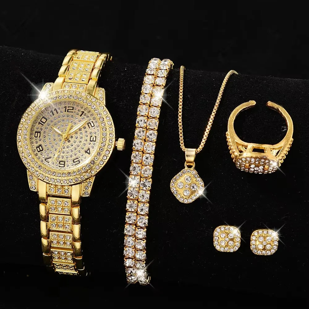 Women's Gold Diamond Watch & Jewelry Set – 5-Piece Gift Set | Watch, Bracelet, Necklace, Ring & Earrings