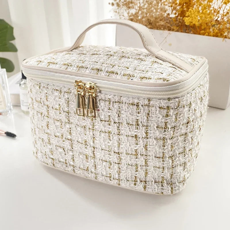 Knitted Style Makeup Bag – Large Canvas Cosmetic Storage Bag for Women