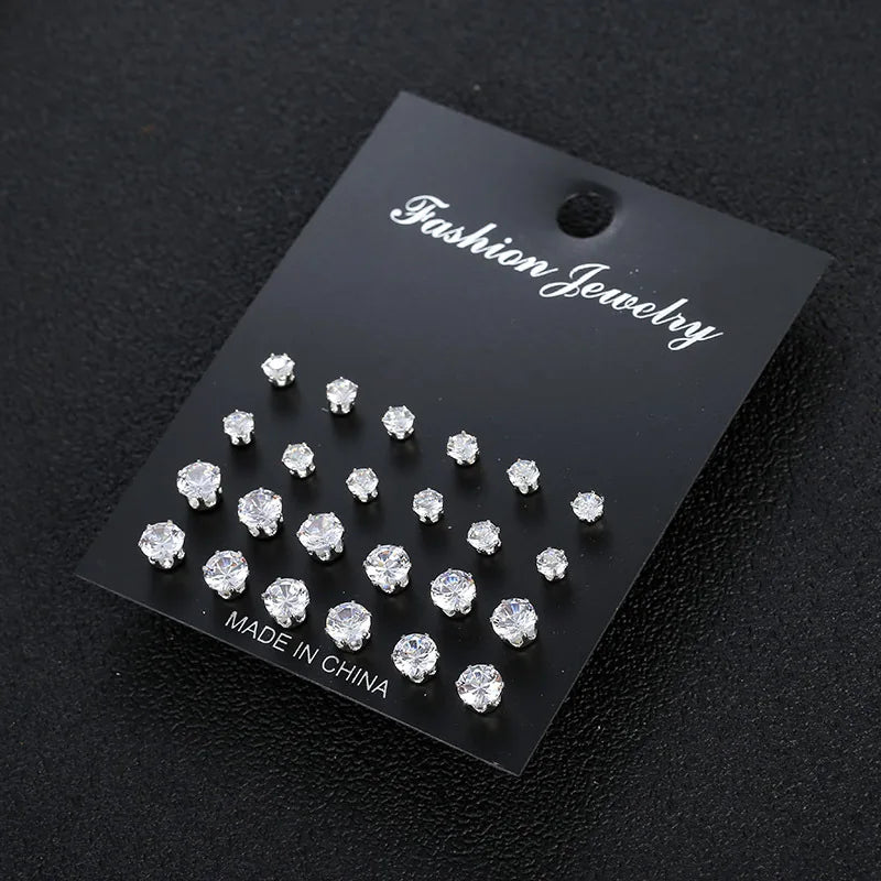 Cubic Zirconia Stud Earrings Set – 12, 24 or 36 Pairs | Shiny Silver Crystal Ear Jewelry for Women