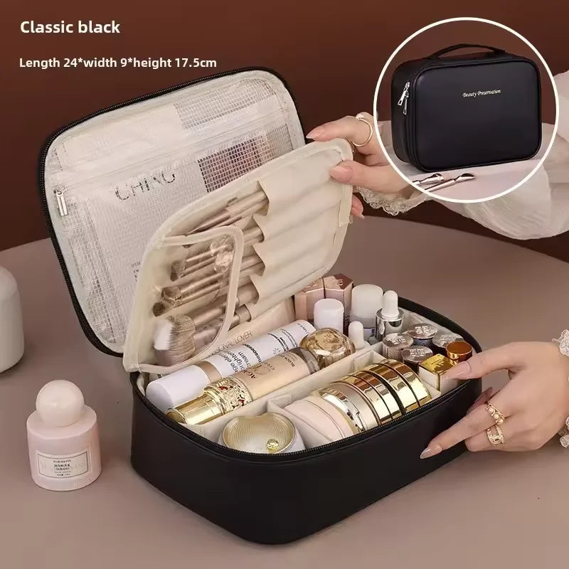 Women's Double Layer Makeup Bag – Large Capacity PU Cosmetic Organizer