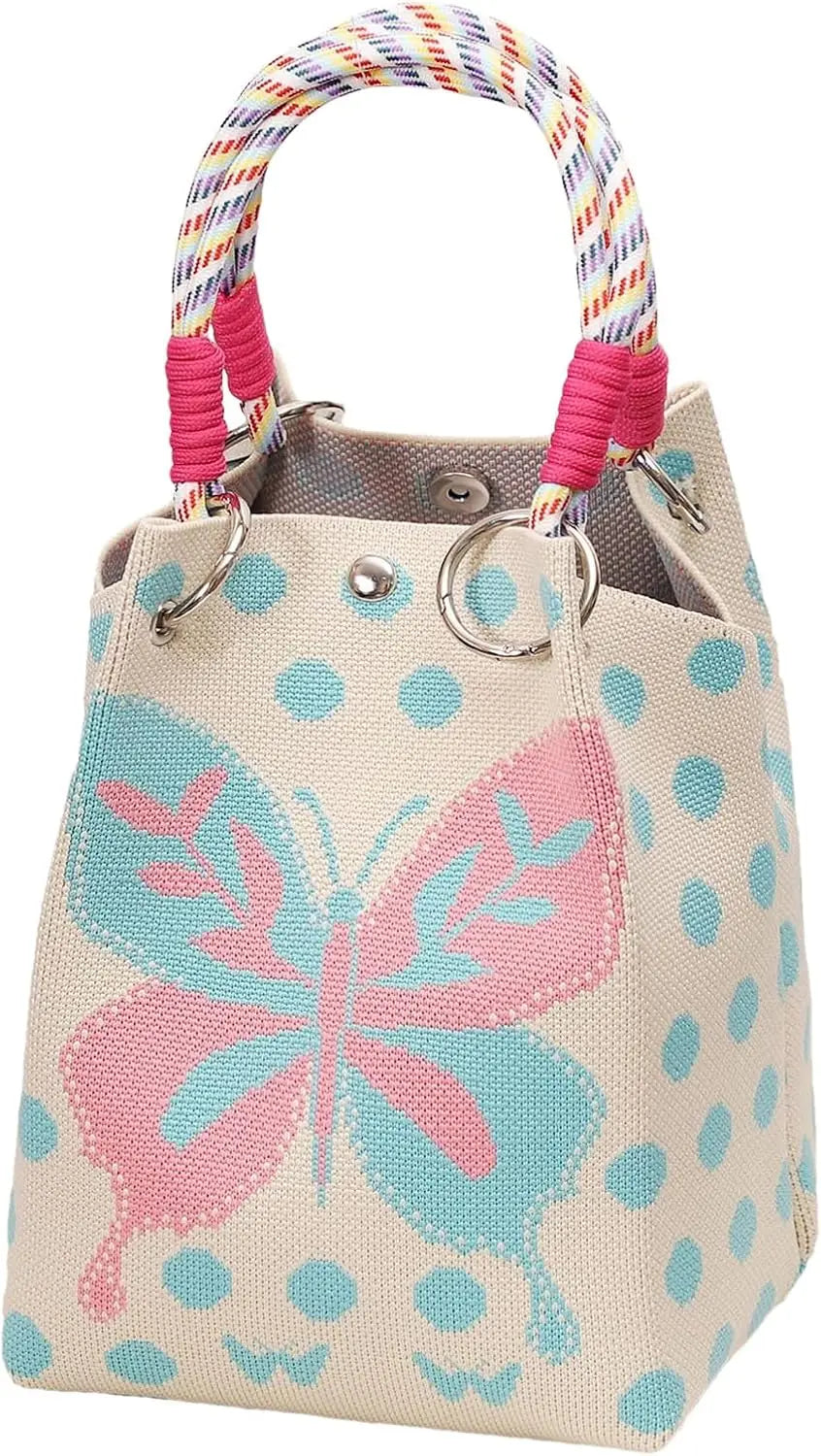 Women's Mini Knitted Bucket Bag – Boho Colorblock Wristlet Purse