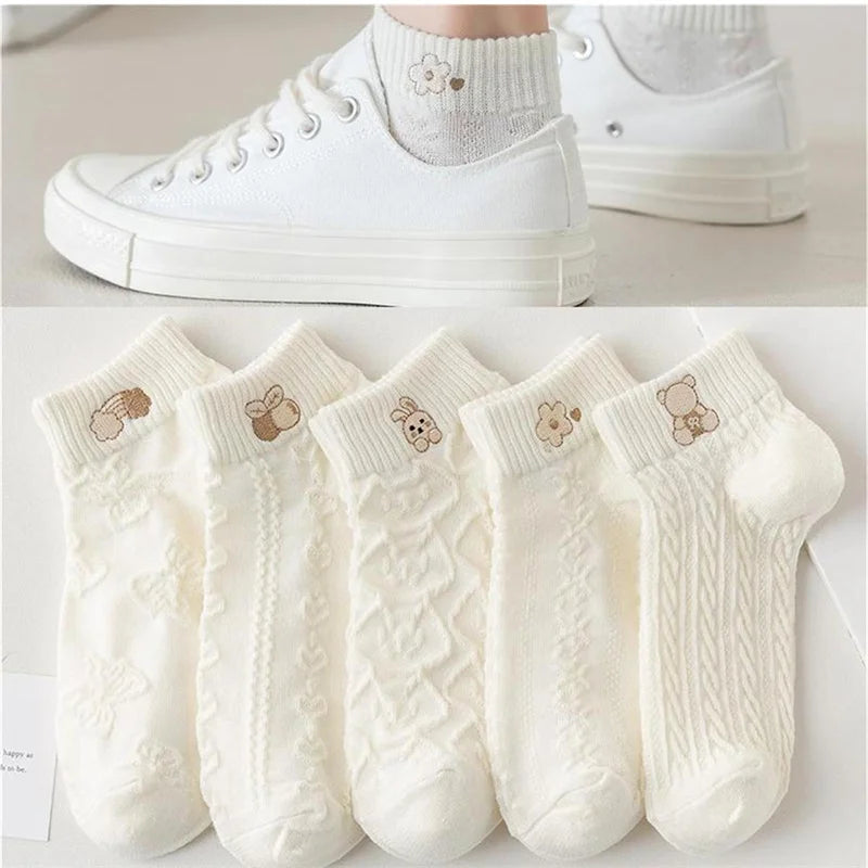 5-Pair Women's Ankle Socks – Cute Bear & Rabbit Print