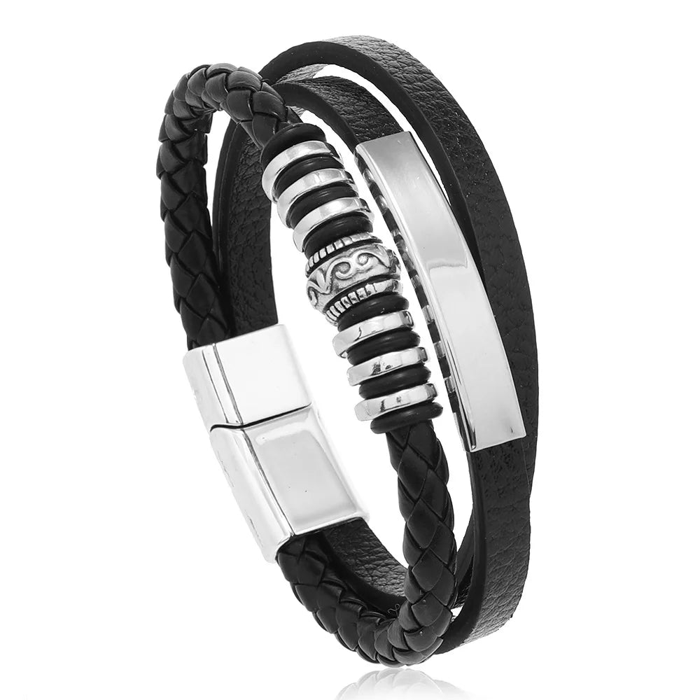 Men's Stainless Steel Leather Bracelet — Braided
