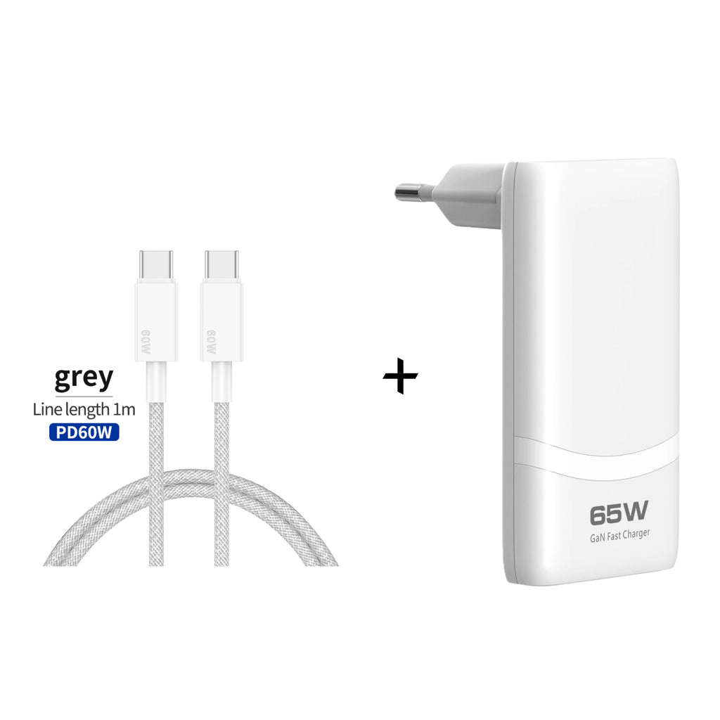 65W GaN Dual USB-C Wall Charger – Flat, Foldable Plug, Fast Charging, White/Black