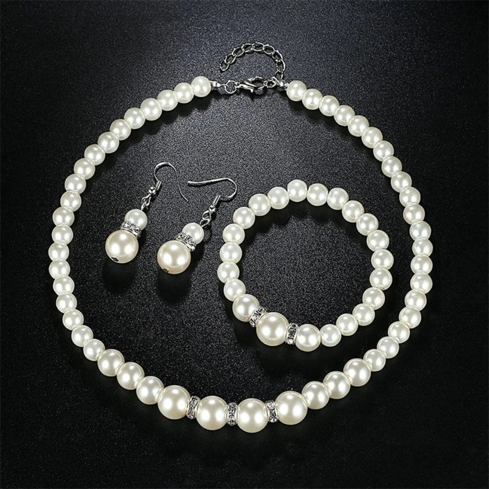 Pearl & Crystal Jewelry Set – Necklace, Bracelet & Earrings | Women's Wedding & Gift Accessories