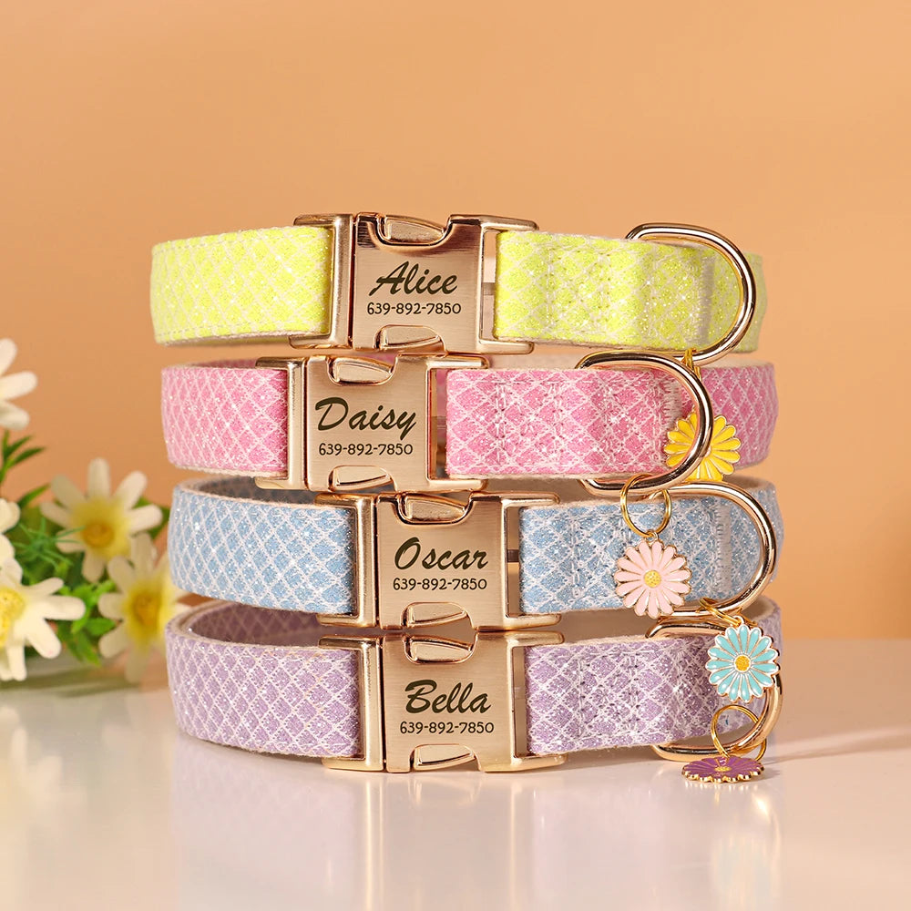 Personalized Bling Nylon Dog Collar – Free Engraved ID Tag with Flower Accessory