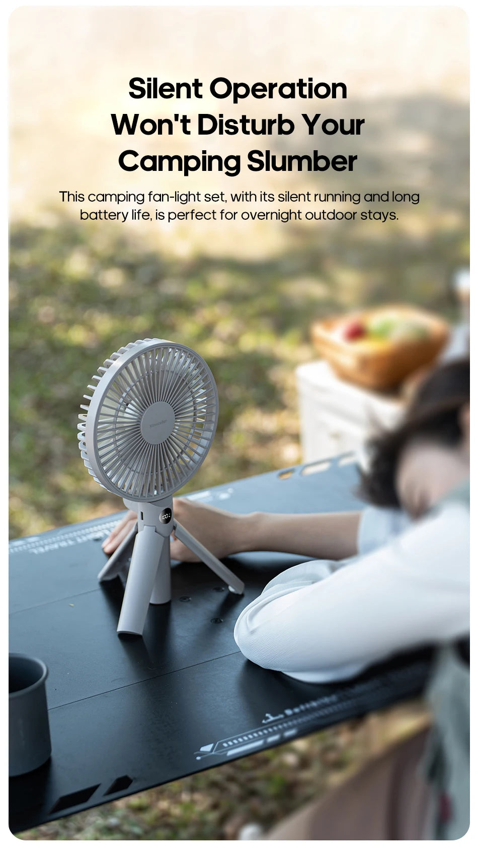 Ventilateur Portable Pliable 3-en-1 – 3000mAh, 4 Vitesses, Camping & Bureau