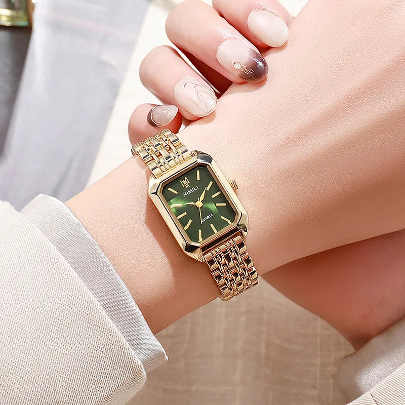 Women's Rectangle Quartz Watch – Alloy Band, Numberless Dial | Silver & Gold Tones