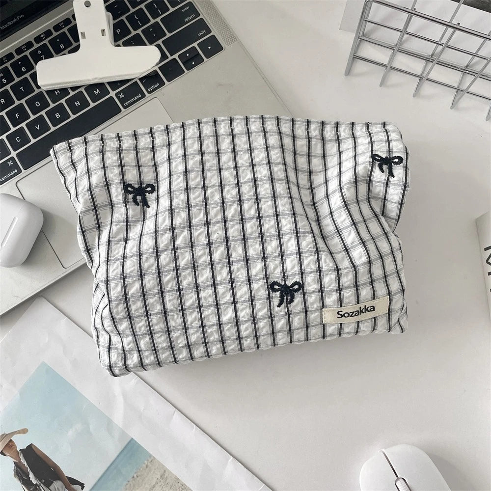 Embroidered Striped Makeup Bag – Plaid Cosmetic Pouch & Travel Toiletry Organizer