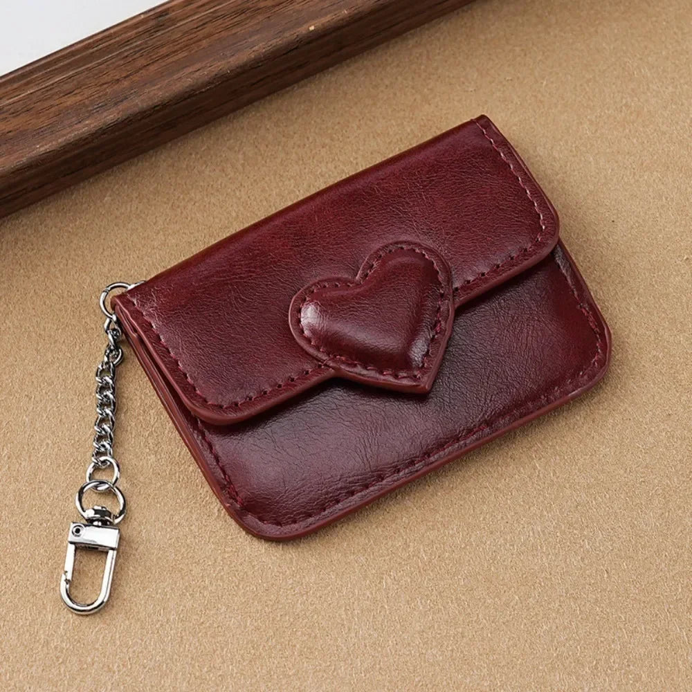 Women's Heart Detail PU Leather Card Holder – Chain Keychain | Dark Brown, Black, Brown, Red