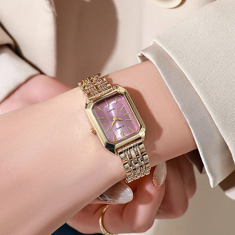 Women's Rectangle Quartz Watch – Alloy Band, Numberless Dial | Silver & Gold Tones