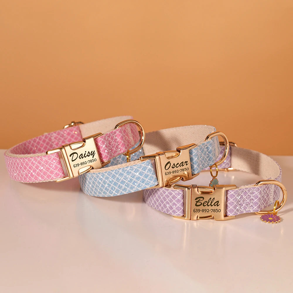 Personalized Bling Nylon Dog Collar – Free Engraved ID Tag with Flower Accessory