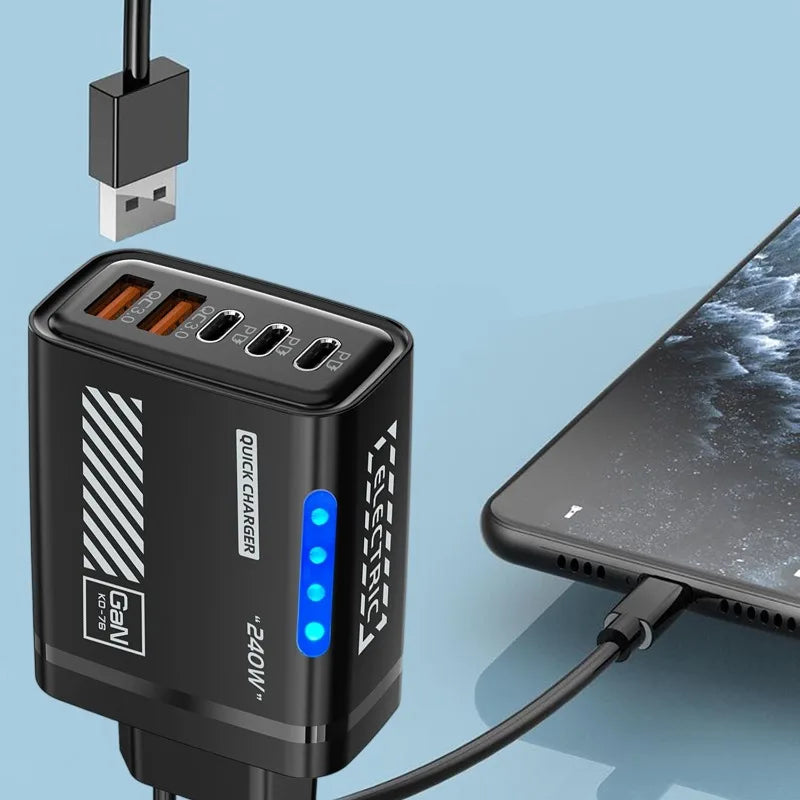 240W GaN Desktop Charger – 5 Ports (3x USB-A + 2x USB-C), LED Light, US/EU Plug