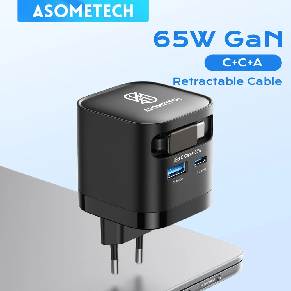 65W GaN Charger with Built-in Retractable USB-C Cable – 3 Ports, QC4.0 & PD3.0, US/EU/Korea Plug