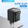 65W GaN Charger with Built-in Retractable USB-C Cable – 3 Ports, QC4.0 & PD3.0, US/EU/Korea Plug