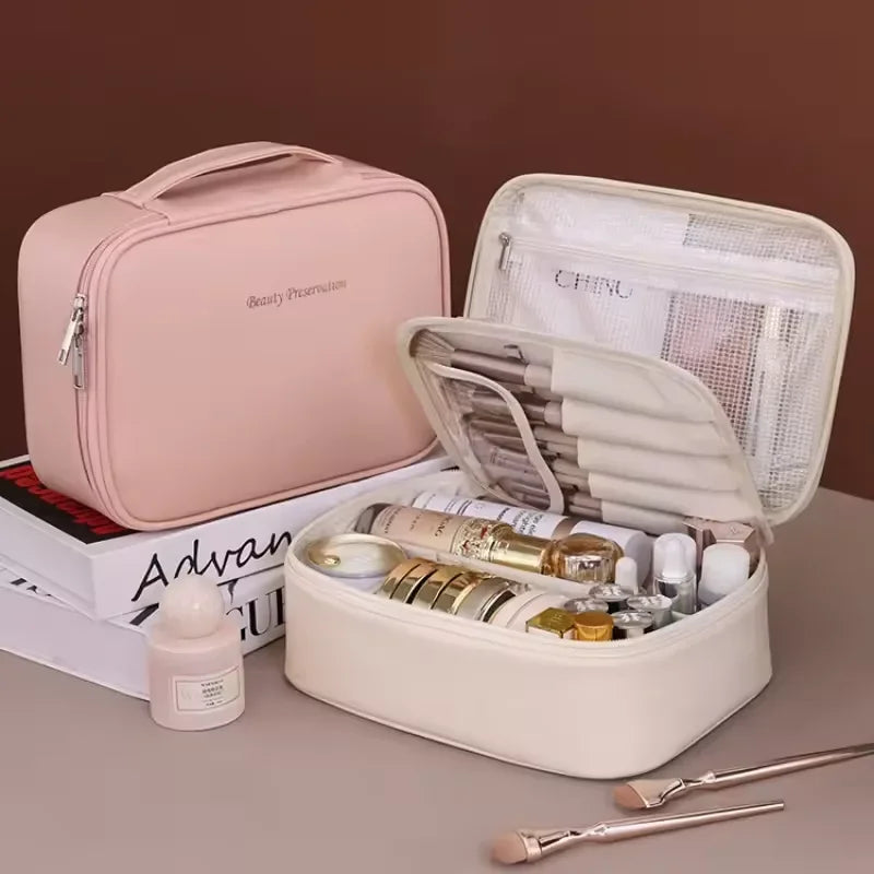 Women's Double Layer Makeup Bag – Large Capacity PU Cosmetic Organizer