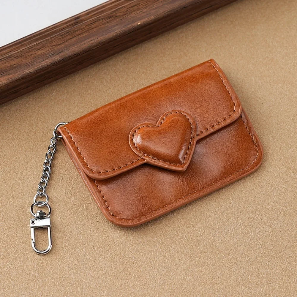 Women's Heart Detail PU Leather Card Holder – Chain Keychain | Dark Brown, Black, Brown, Red