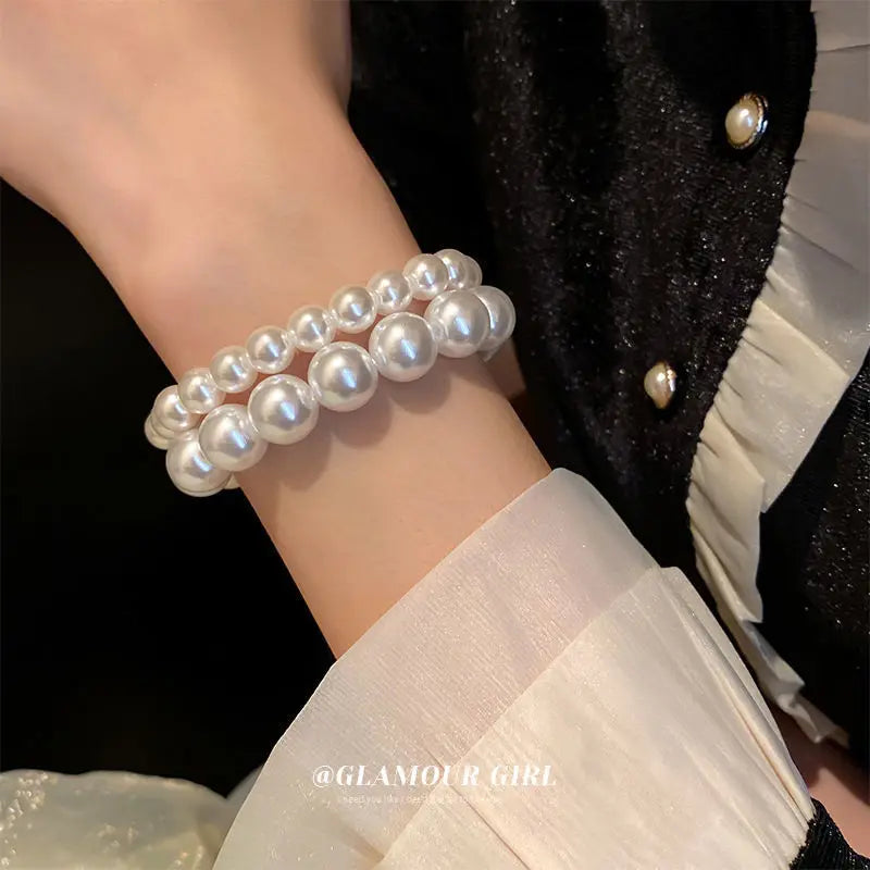 White Faux Pearl Beaded Bracelet — Adjustable Elastic