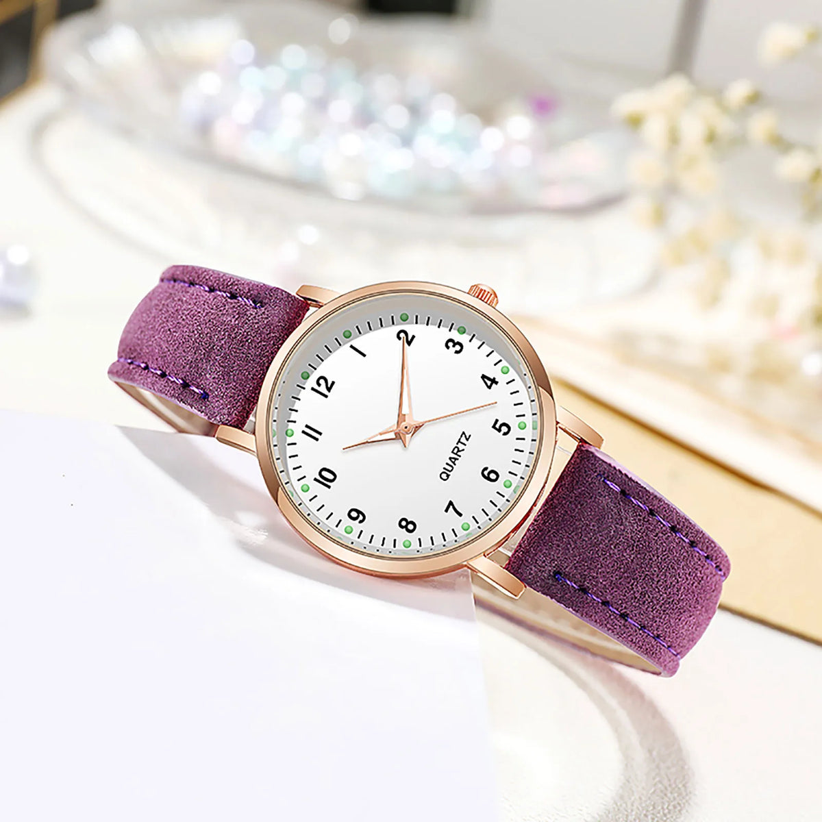Women's Diamond-Studded Luminous Quartz Watch – Leather Band, Round Dial | 9 Colors